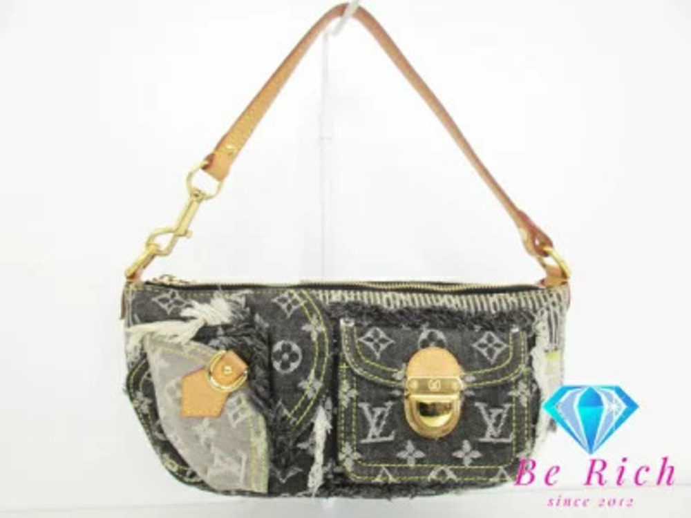 Louis Vuitton Handbag Monogram Denim Black Gray Leather Shoulder Bag